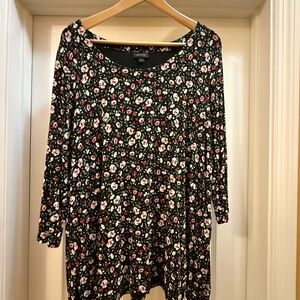 J. Jill Black Top with Red and Green Floral Design
